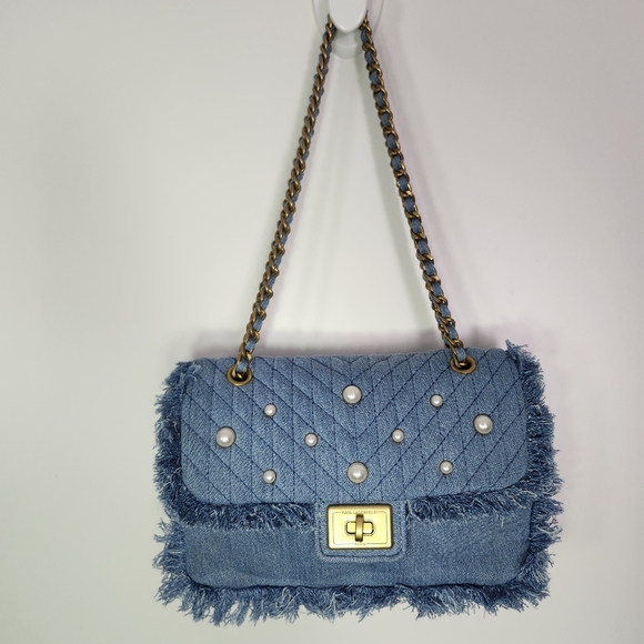 KARL LAGERFELD Agyness Quilted Pearl Chain Fringe Edge Denim Shoulder Bag - Picture 10 of 13